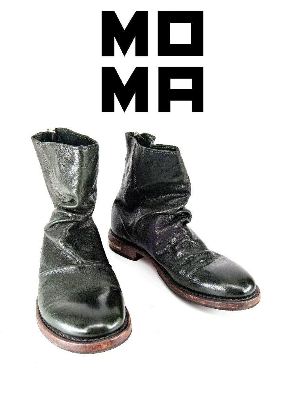 MOMA Leather Slouch Ankle Boots Back Zip Artisan Handmade Italy Brass Heel EU 40